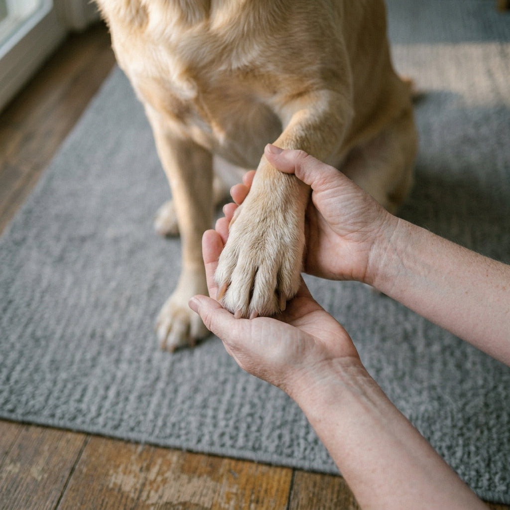 After image showing the dog's paw completely healed with healthy skin and no redness between the toes.
