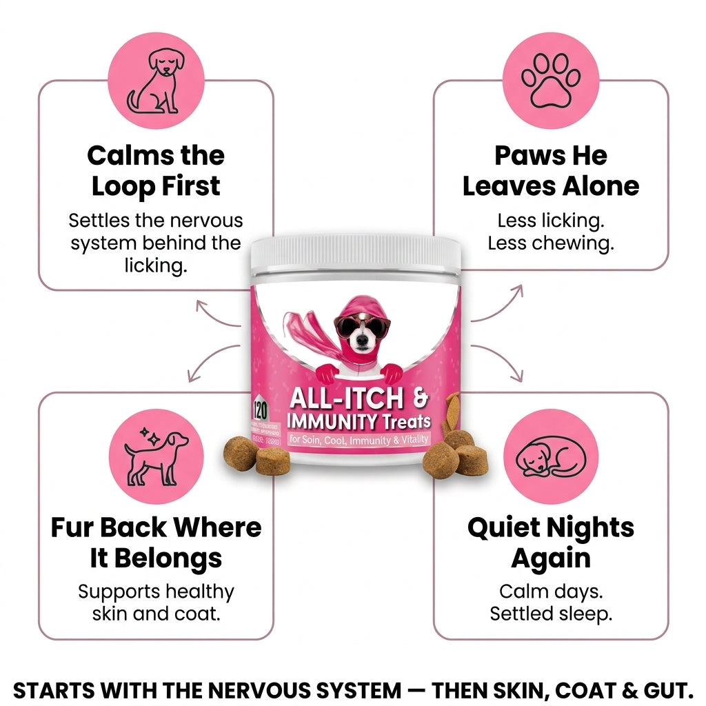 Phanaeus All-Itch & Immunity dog chews supporting a calmer stress response, less paw licking, healthy skin and coat, and settled nights