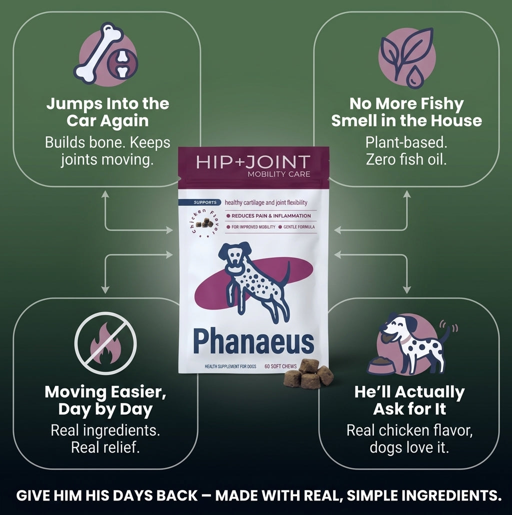 Infographic showing benefits of Phanaeus dog joint supplement chews including real chicken flavor and plant-based formula.