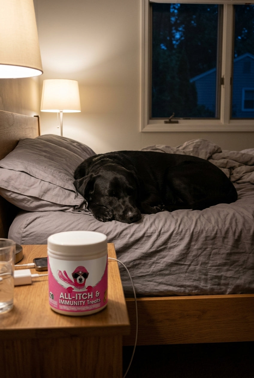 A black lab sleeping peacefully on a bed at night next to a jar of ALL-ITCH & IMMUNITY Treats.