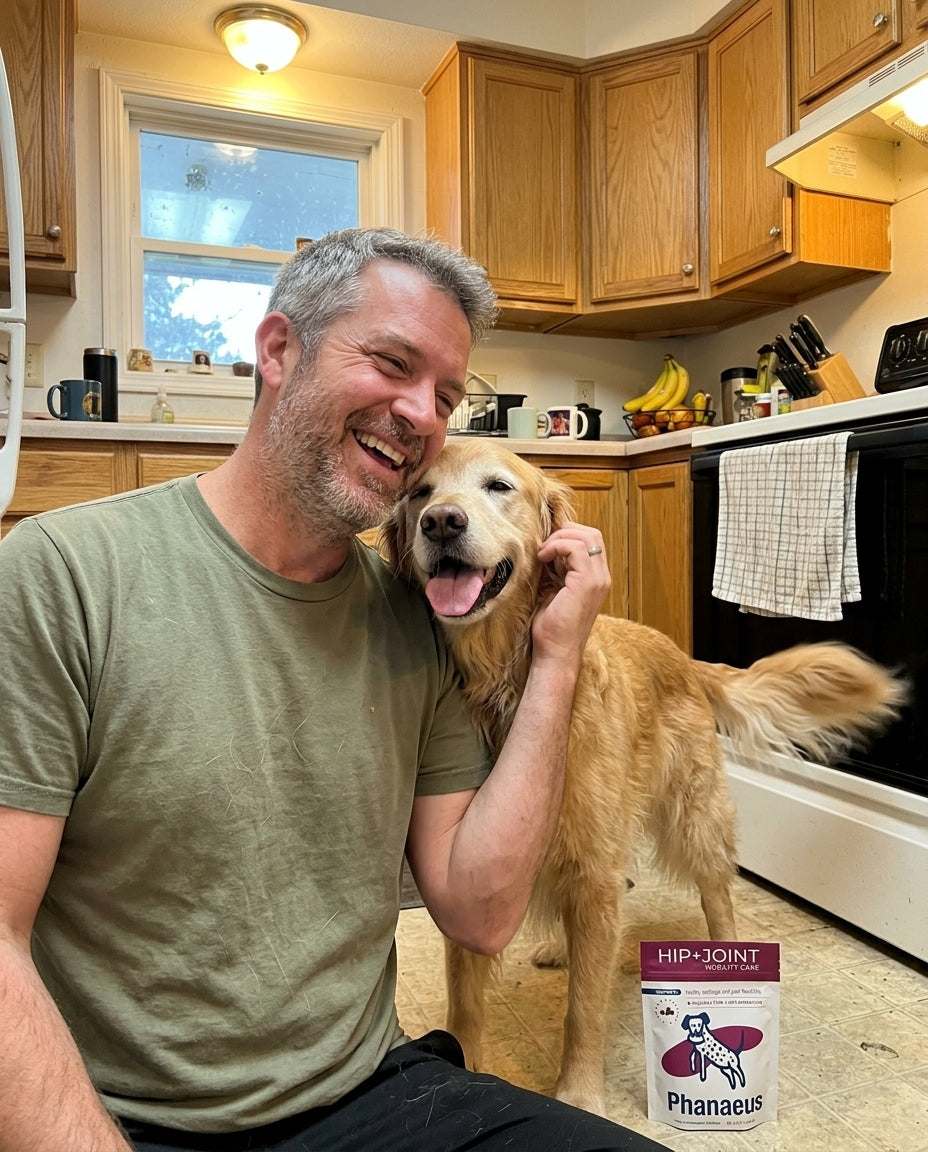 Happy senior golden retriever smiling with owner next to Phanaeus hip and joint supplement for dogs.