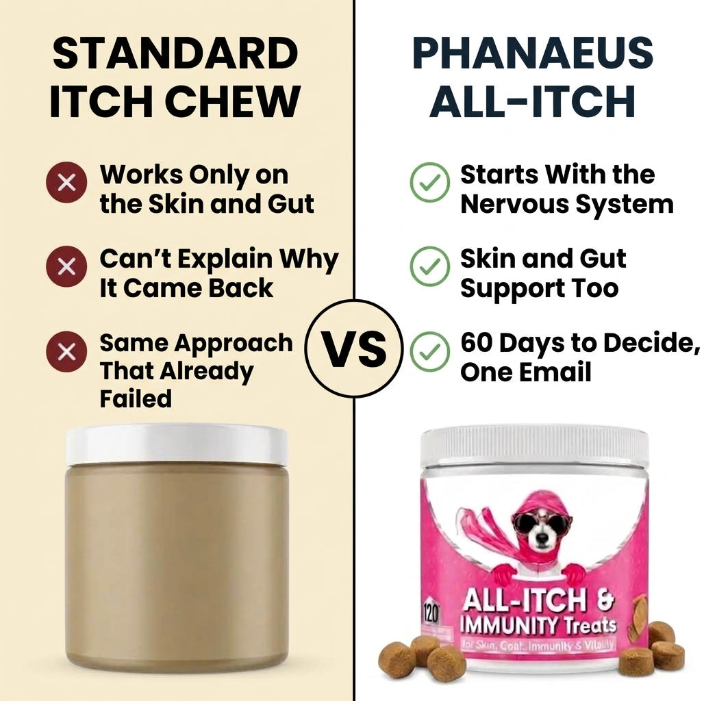 Phanaeus All-Itch dog chews compared with standard dog itch chews, supporting the nervous system, skin and gut health