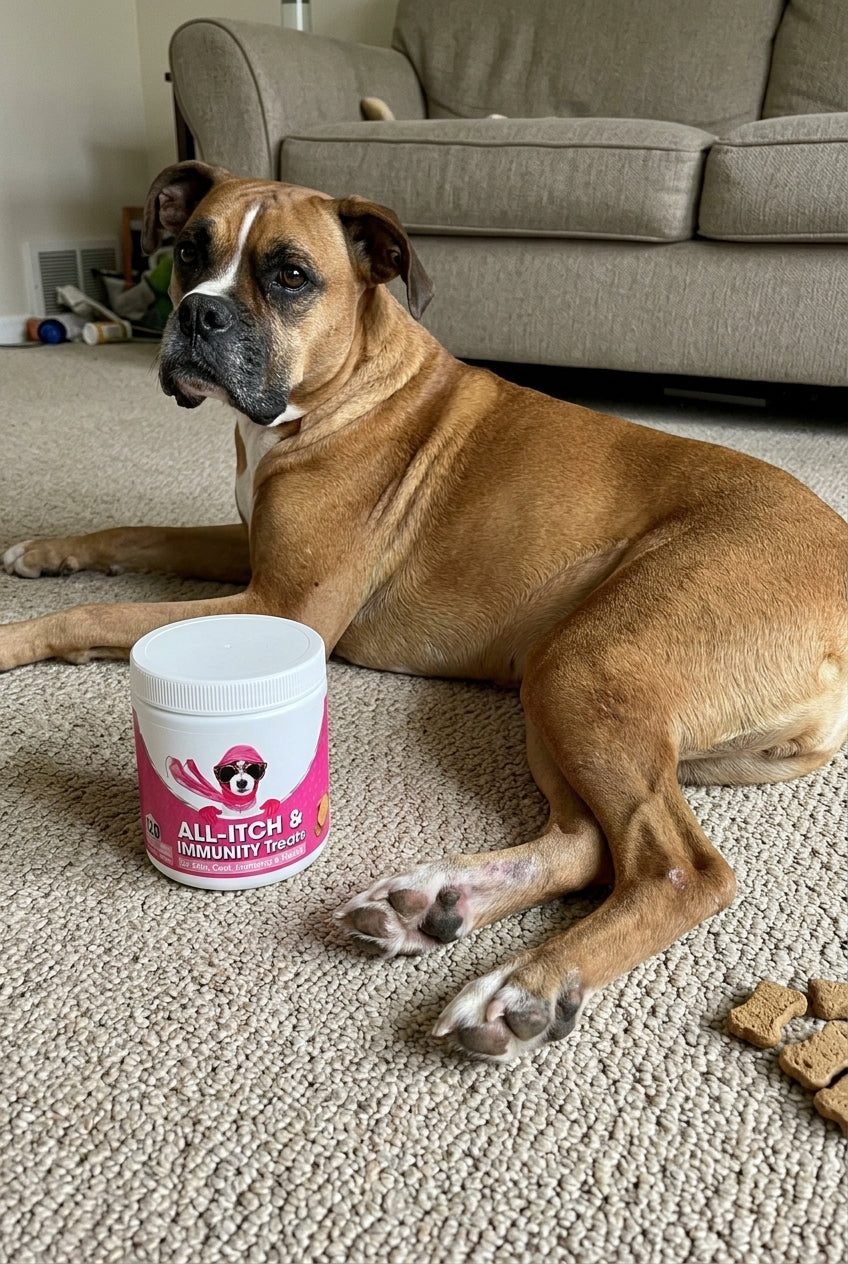 A fawn Boxer dog lying on the carpet next to a jar of ALL-ITCH & IMMUNITY Treats allergy chews.