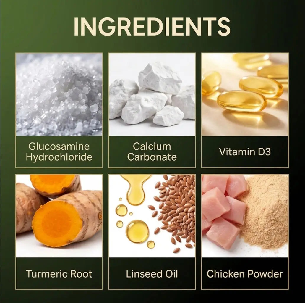 Ingredients chart for Phanaeus dog joint chews featuring glucosamine, turmeric, vitamin d3, and calcium.