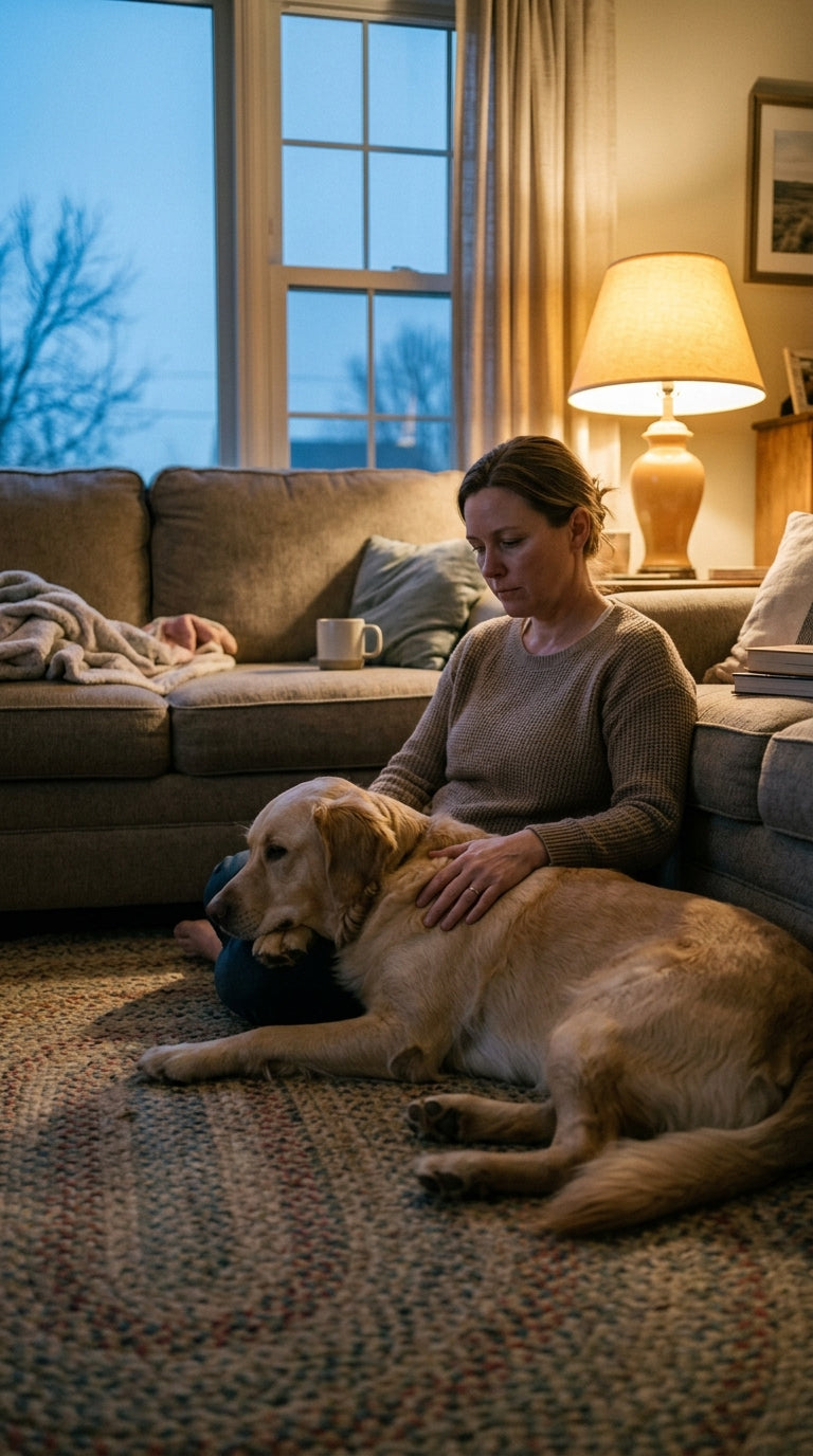 A woman comforting her golden retriever on the living room floor, showing the bond supported by dog allergy chews.