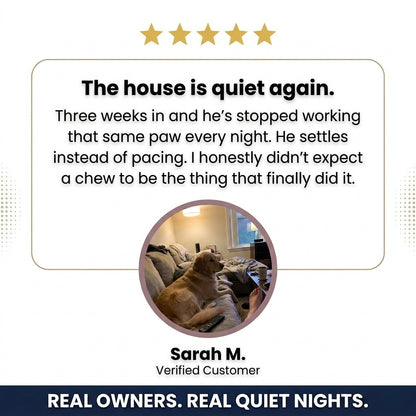 Phanaeus All-Itch dog chew customer testimonial about less paw licking and quieter, more settled nights