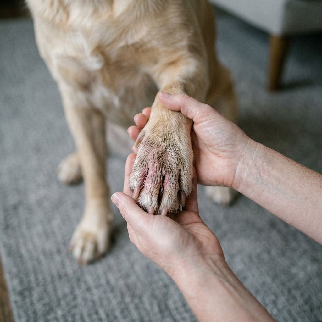 Before image showing a light-colored dog's paw with red, inflamed, and raw skin between the toes due to severe allergies.