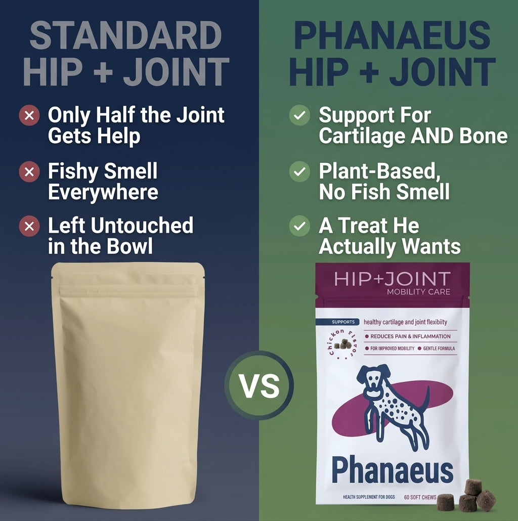 Comparison chart showing Phanaeus dog joint support benefits versus standard hip and joint supplements.