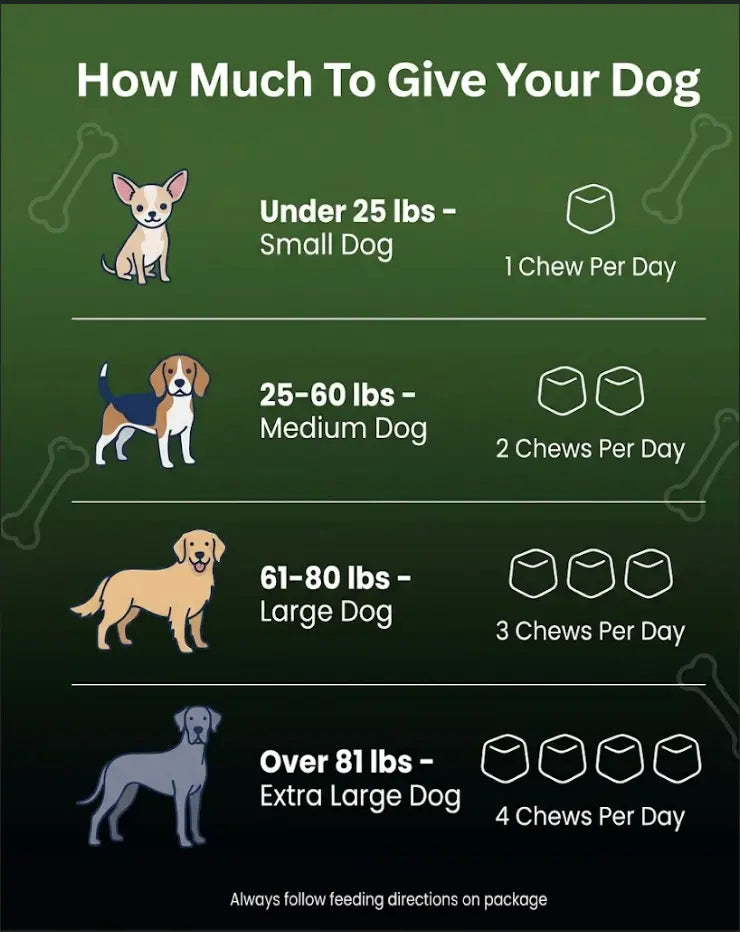 Weight-based feeding instructions and daily chew dosage chart for Phanaeus dog joint supplement.