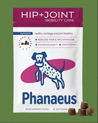 Phanaeus hip and joint mobility care supplement pouch with sixty chicken flavored soft chews for dogs.