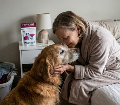 Senior golden retriever getting affection from owner near Phanaeus hip and joint mobility care supplement.