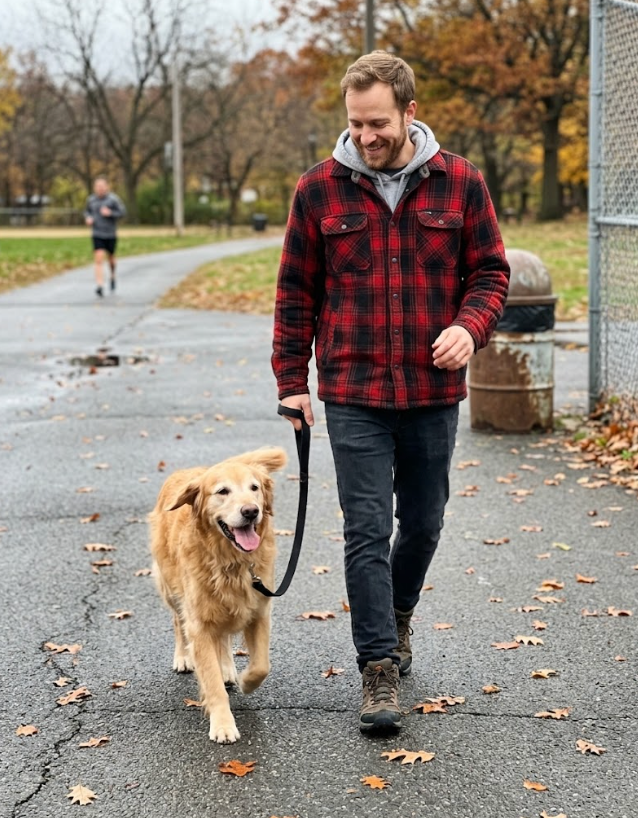 Active golden retriever walking on a leash with owner in a park showcasing healthy dog mobility.