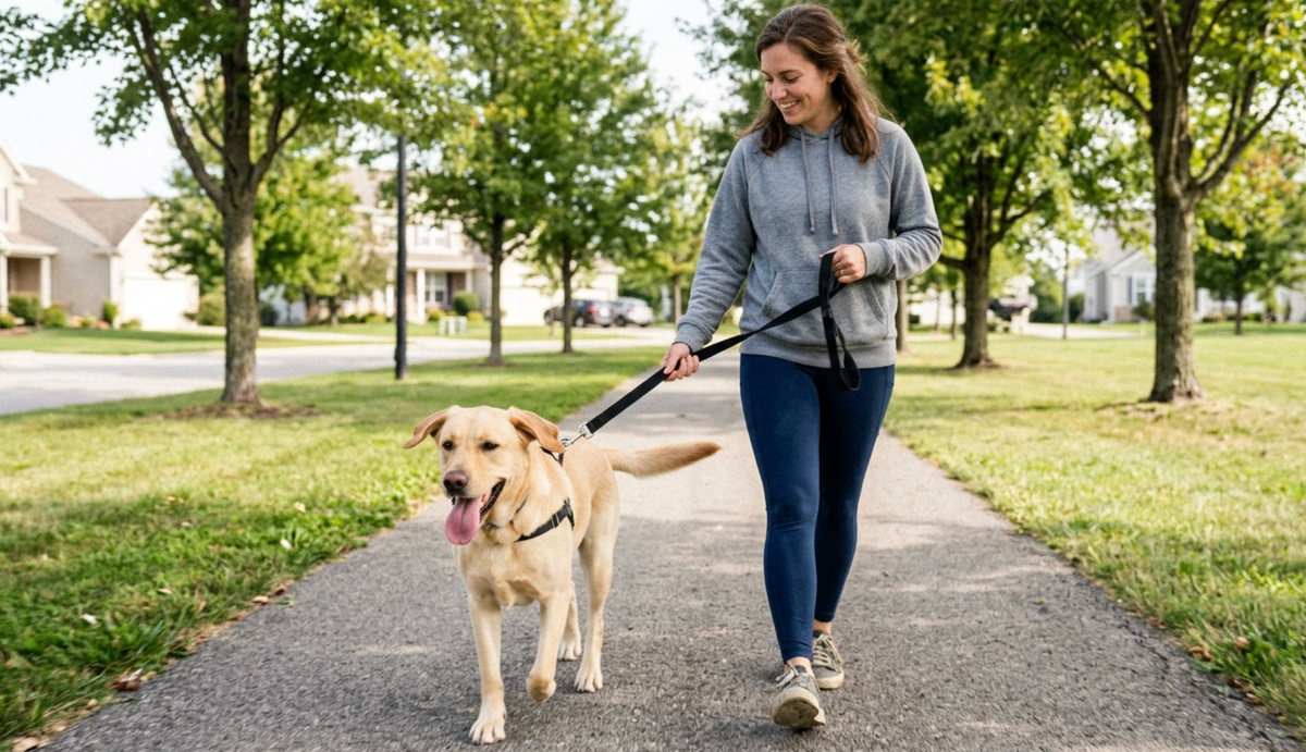 An active yellow Labrador retriever walking happily on a leash with its owner demonstrating healthy dog mobility.