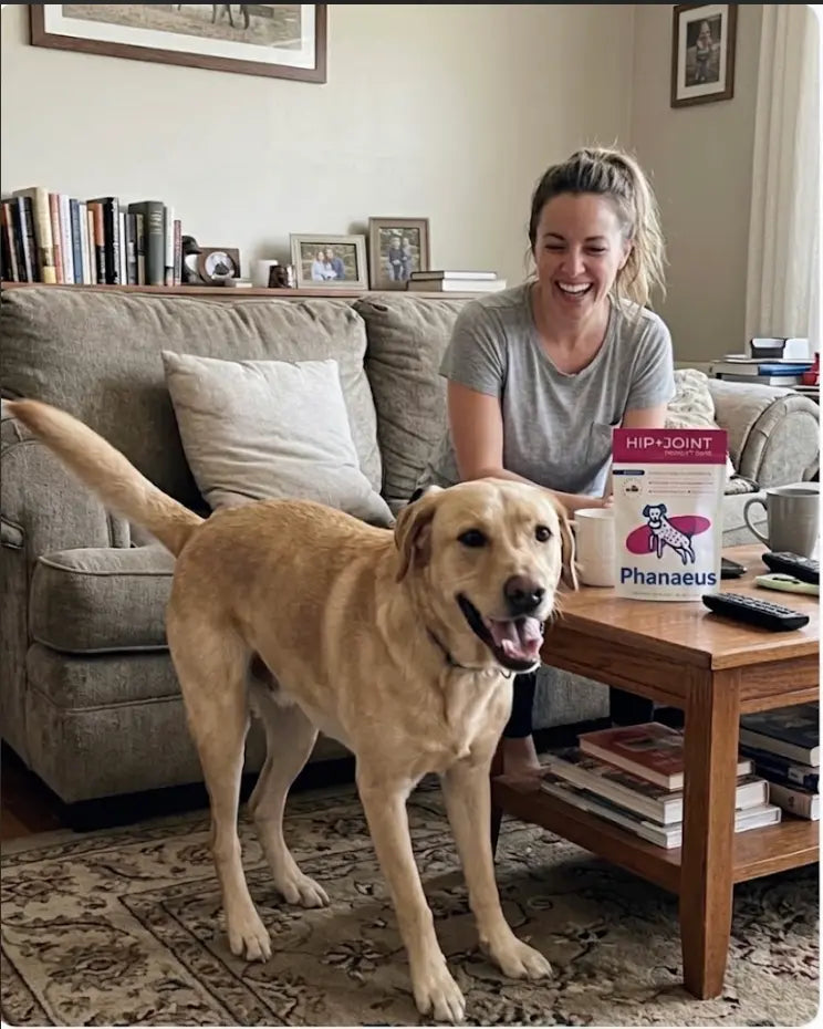 Happy yellow Labrador retriever standing next to owner with Phanaeus dog joint supplement pouch on the table.